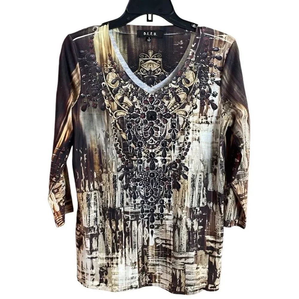 B.L.E.U. Ladies Floral Embellished Vneck 3/4 Sleeve Dressy Blouse Size Small Bro